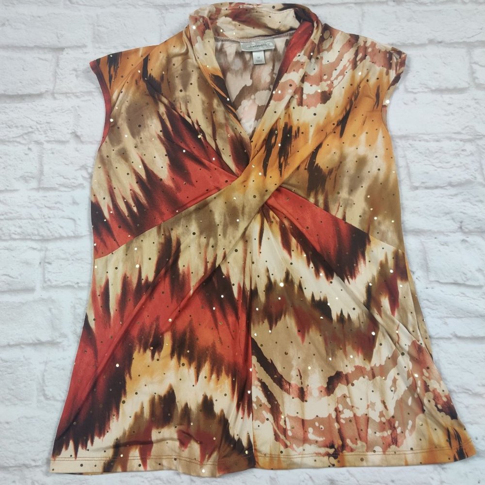 Dressbarn criss cross front blouse shirt red brown gold sleeveless metallic sz M